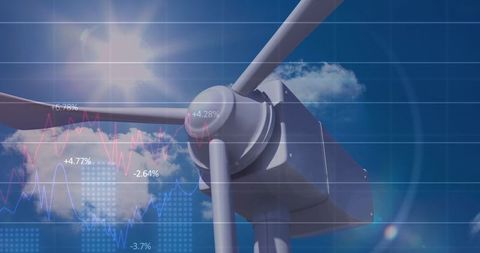Wind Turbine with Financial Chart Overlay Representing Renewable Energy Investment