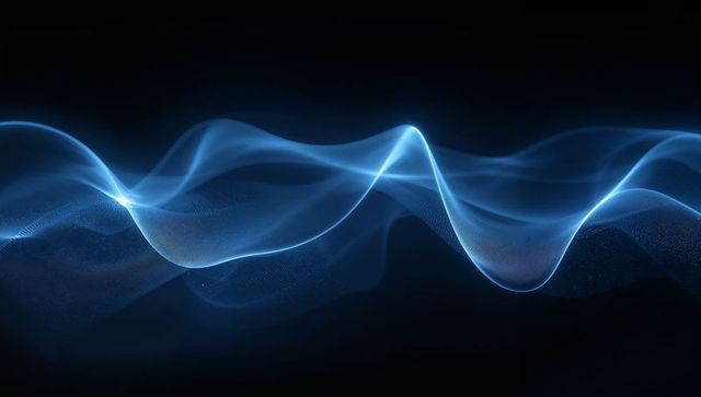 Abstract flowing neon blue wave ribbon with particle mesh and futuristic glow