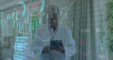 Innovative Healthcare: Doctor Using Tablet with Data Overlay