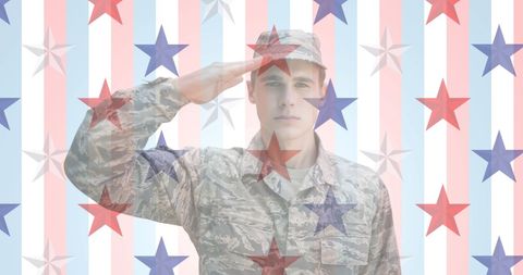 Patriotic Soldier Saluting with American Stars and Stripes