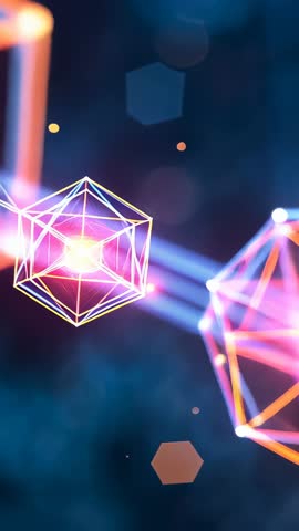Rotating Neon Polyhedrons Pulsing Energy Beams in Futuristic Abstract Tech Vertical Video