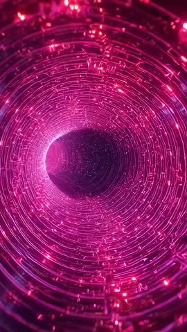 Moving Through Neon Circuit Tunnel Revealing Vibrant Red Rings and Digital Sparks