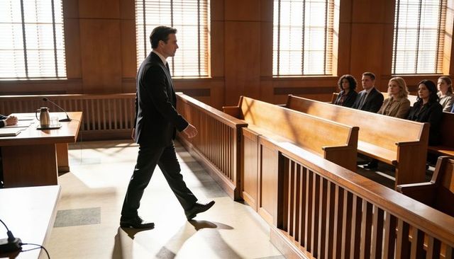 Attorney walking down courtroom aisle toward jury in sunlit wood-paneled room