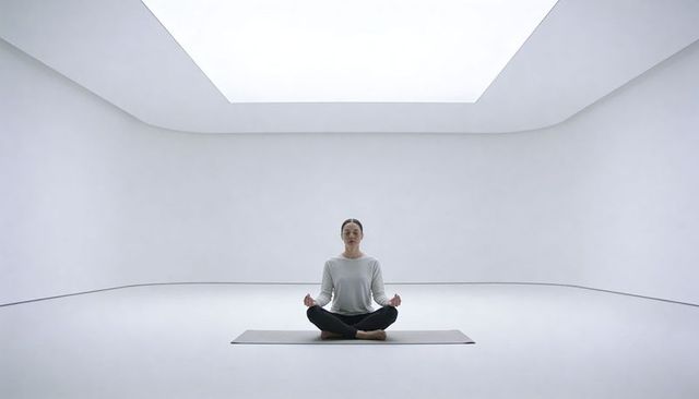 Woman meditating cross-legged in minimalist white studio with skylight and symmetry