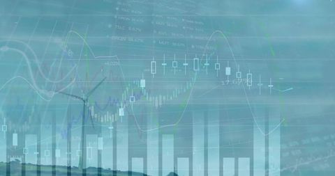 Sustainable Energy Market Overlay: Wind Turbines Merging with Candlestick and Bar Charts
