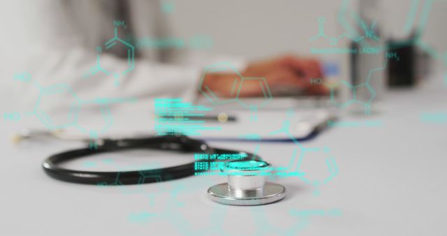 Shows futuristic healthcare technology with a focus on digital information overlaying a stethoscope. Ideal for illustrating advancements in medical technology, healthcare innovation, modern medicine, and digital healthcare records.