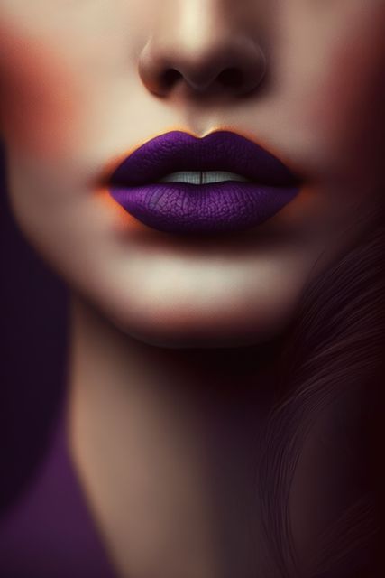 This image highlights the elegant, smooth, and detailed texture of a woman's lips wearing purple lipstick under soft, artistic lighting. It can be used in beauty and cosmetics advertising, makeup tutorials, fashion magazines, or any promotional material related to glamor and elegance.