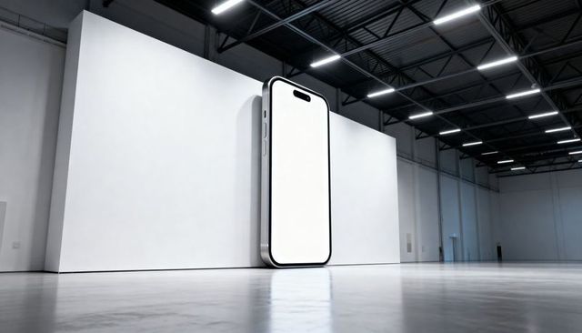 Giant smartphone prop leaning on white gallery wall in modern industrial exhibition hall