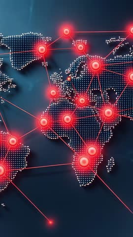 Vertical video showing world map with pulsing red nodes and connecting lines on dark blue backdrop