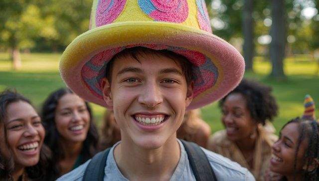 Smiling teen wearing oversized colorful felt hat with laughing friends in sunny park
