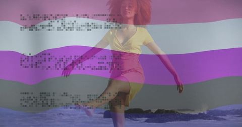 Woman balancing at beach with digital art overlay