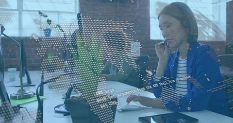 Businesswoman Speaking on Headset While Typing, Global Data Overlay in Coworking Office