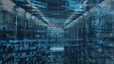 Digital Data Processing with Animated Code Over Server Racks
