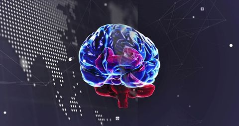 Holographic rotating 3d brain showing neural network visualization in digital data studio
