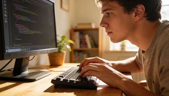 Focused developer coding on home desk, typing on mechanical keyboard in sunlit workspace