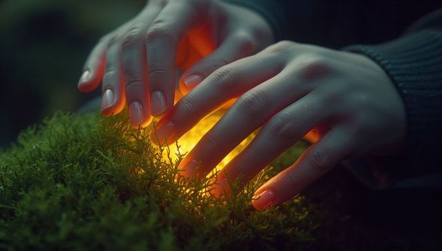 Hands holding glowing orb in mystical forest scene