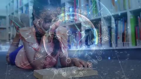 Student in Library Engaging with Digital Globe and Tech Icons