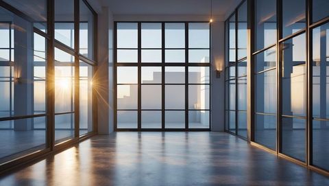 Modern loft office with sunlight streaming through grid-style windows