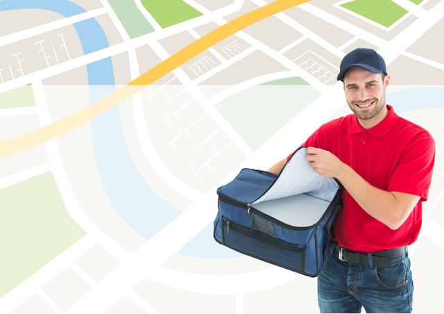 Male delivery worker wearing red uniform and hat, holding package with a smile. Background shows a digital map, suggesting logistics and route planning. Useful for themes of delivery services, couriers, logistics support, and customer service advertising.
