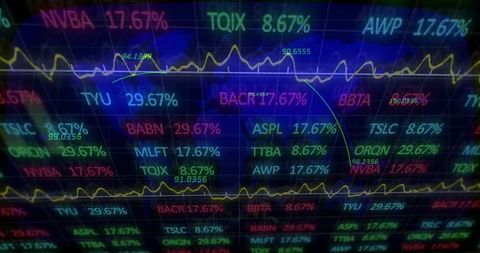 Digital stock market data display with graphs and tickers