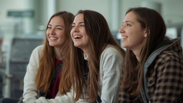 Three young women laughing and leaning on bench wearing denim and plaid jackets
