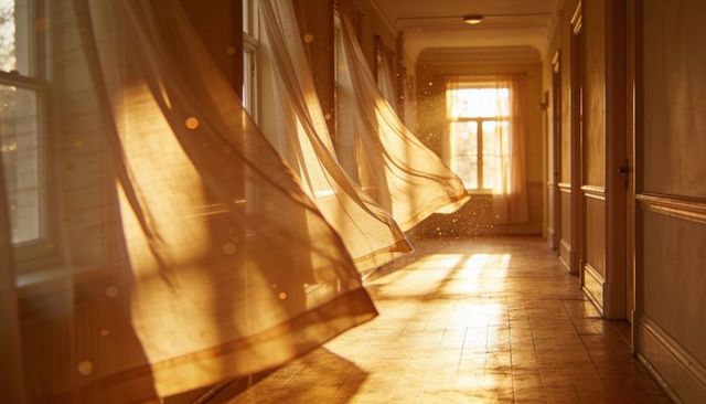 Flowing sheer curtains catching golden sunbeams in hardwood corridor