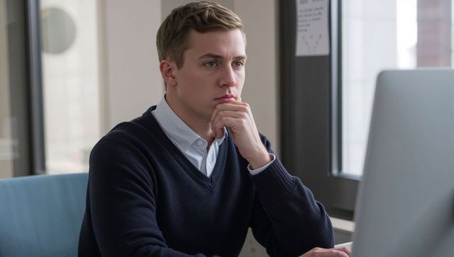 Young Professional Concentrating on Desktop Monitor in Modern Office Workspace