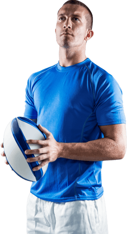 Confident rugby player in blue shirt looking ahead transparent background