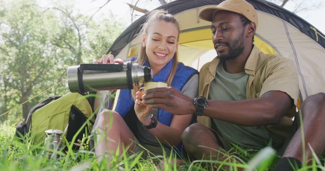 Joyful Multicultural Couple Enjoying Camping Outdoors - Download Free Stock Images Pikwizard.com