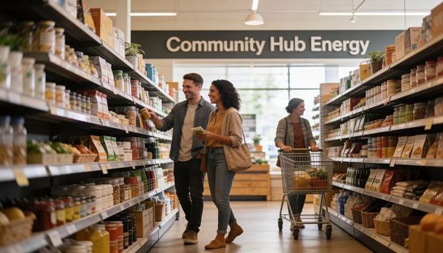 Couple shopping together in community hub market choosing jarred goods in bright aisle