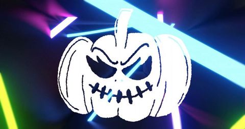 Glowing Jack-o'-Lantern with Neon Lights on Dark Abstract Background