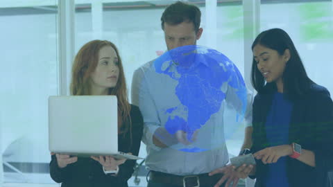 Diverse Colleagues Analyzing Global Data Projections in Modern Office