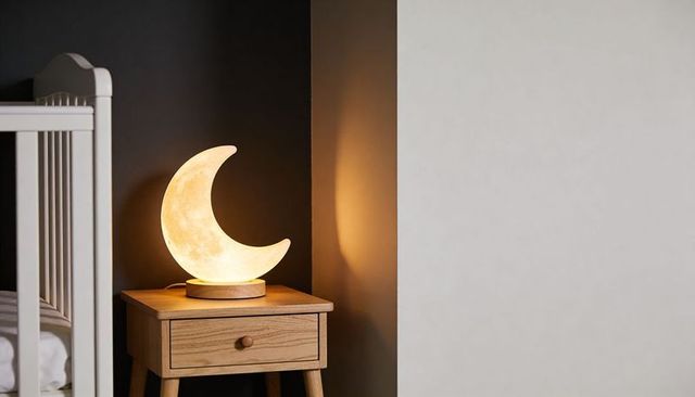Glowing crescent moon lamp casting warm soft nursery light on wooden nightstand with crib