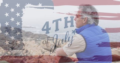Senior Caucasian Man on Rocks with Fourth of July Theme