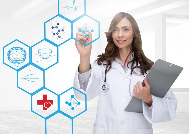 Female doctor holding clipboard and touching digital screen with medical icons. Useful for content related to health technology, medical research, innovative healthcare solutions, and future of medicine. Perfect for use in articles about the integration of digital technology in healthcare, medical advancements, health science education, and professional healthcare environments.