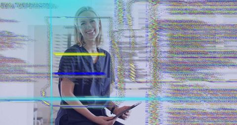 Smiling Woman with Tablet Experiencing Digital Glitch in Modern Office