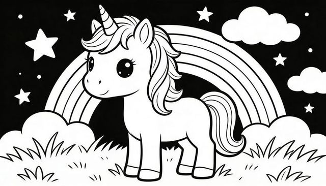 Cute unicorn coloring page with rainbow and stars, lineart for kids activity and crafts