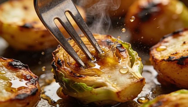 Fork Piercing Searing Brussels Sprouts Drizzling Golden Oil Droplets on Hot Pan