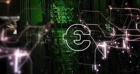 Glowing euro symbol hovering over data center racks with neon circuit network overlay