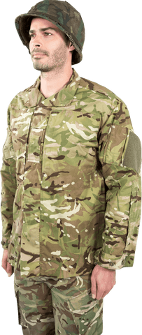 Thoughtful Soldier Standing in Camouflage Uniform on Transparent Background