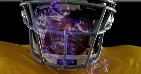 Gridiron Focus: Helmeted Football Player Wearing Yellow Jersey with Purple Smoke Aura