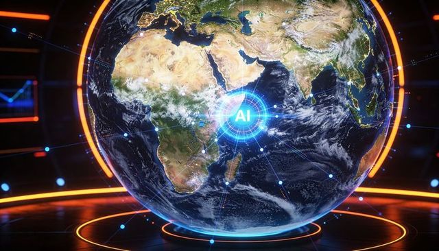 Rotating holographic globe with ai network node over africa on futuristic neon stage and hud
