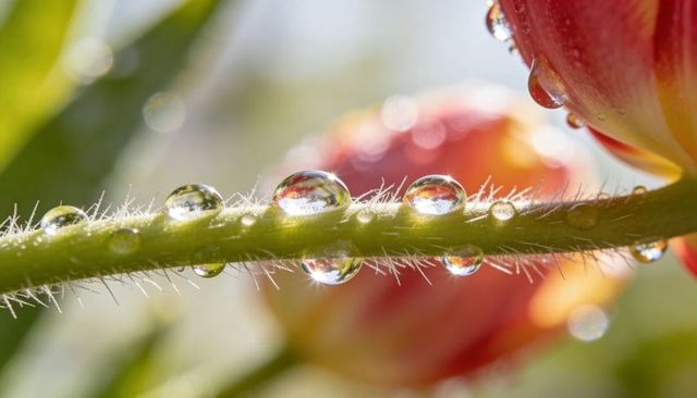 Macro dew droplets clinging to hairy green stem with backlit tulip bokeh, sparkling morning light