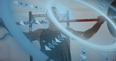 Athlete performing overhead barbell press with futuristic hud graphics in gym