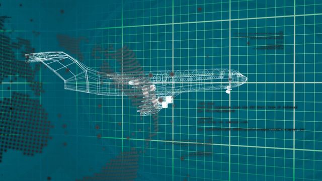 Wireframe airplane with data processing overlay on a digital interface. Ideal for tech, aviation, and global business presentations. Useful for infographics, tech articles, and digital marketing content.