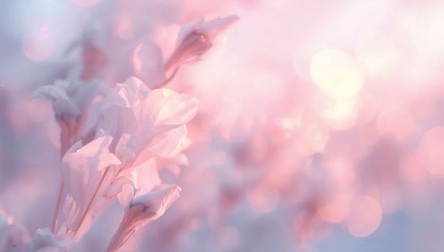 Softly glowing pale pink blossoms blooming on stalk with dreamy pastel bokeh