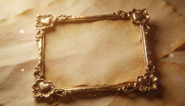 Displaying gold-tone frame resting on aged parchment featuring vintage heart floral motifs