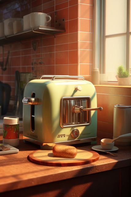 Retro toaster on wooden kitchen counter illuminated by morning sunlight, evoking a warm and cozy morning ambiance. Suitable for advertisements or blog posts about home decor, nostalgia, kitchen accessories, and warm family breakfasts.