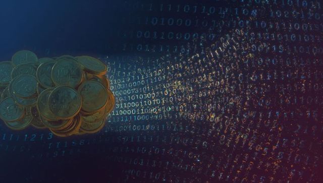 Digital currency concept with gold coin stack and binary data stream neon background