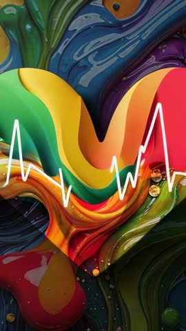 Flowing Paint Forming Rainbow Heart with Pulsing ECG Line, Vertical Abstract Motion